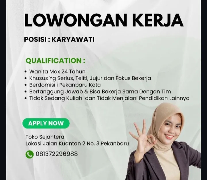 Lowongan kerja Karyawati Pekanbaru